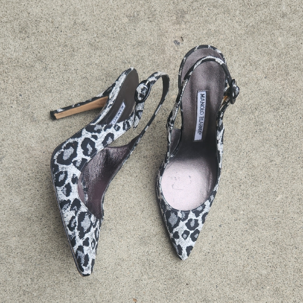 Manolo Blahnik Black and White Leopard Print Heels